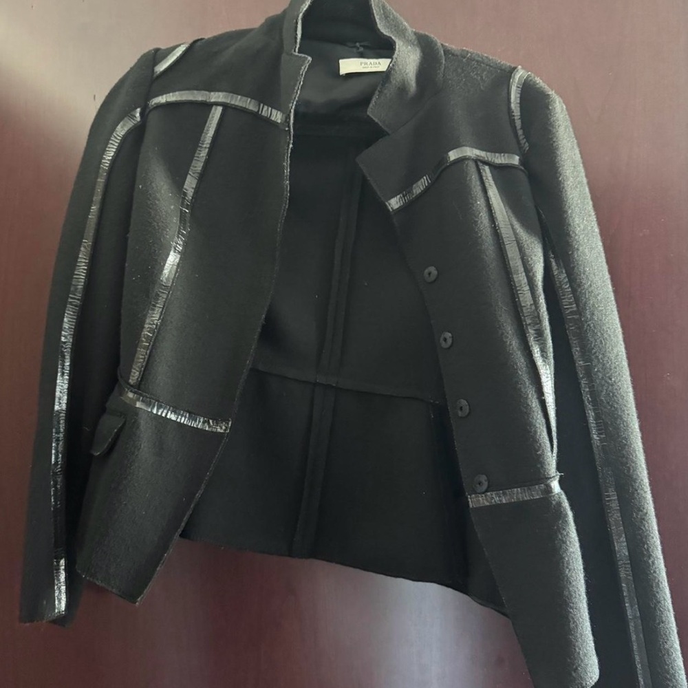 Vintage rare Prada black wool patent leather trim blazer coat IT 40